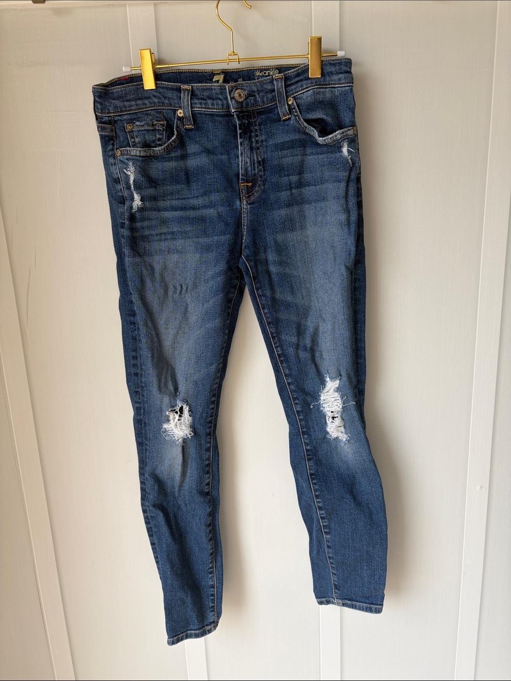 7 For All Mankind Dark Blue Distressed Skinny Jeans